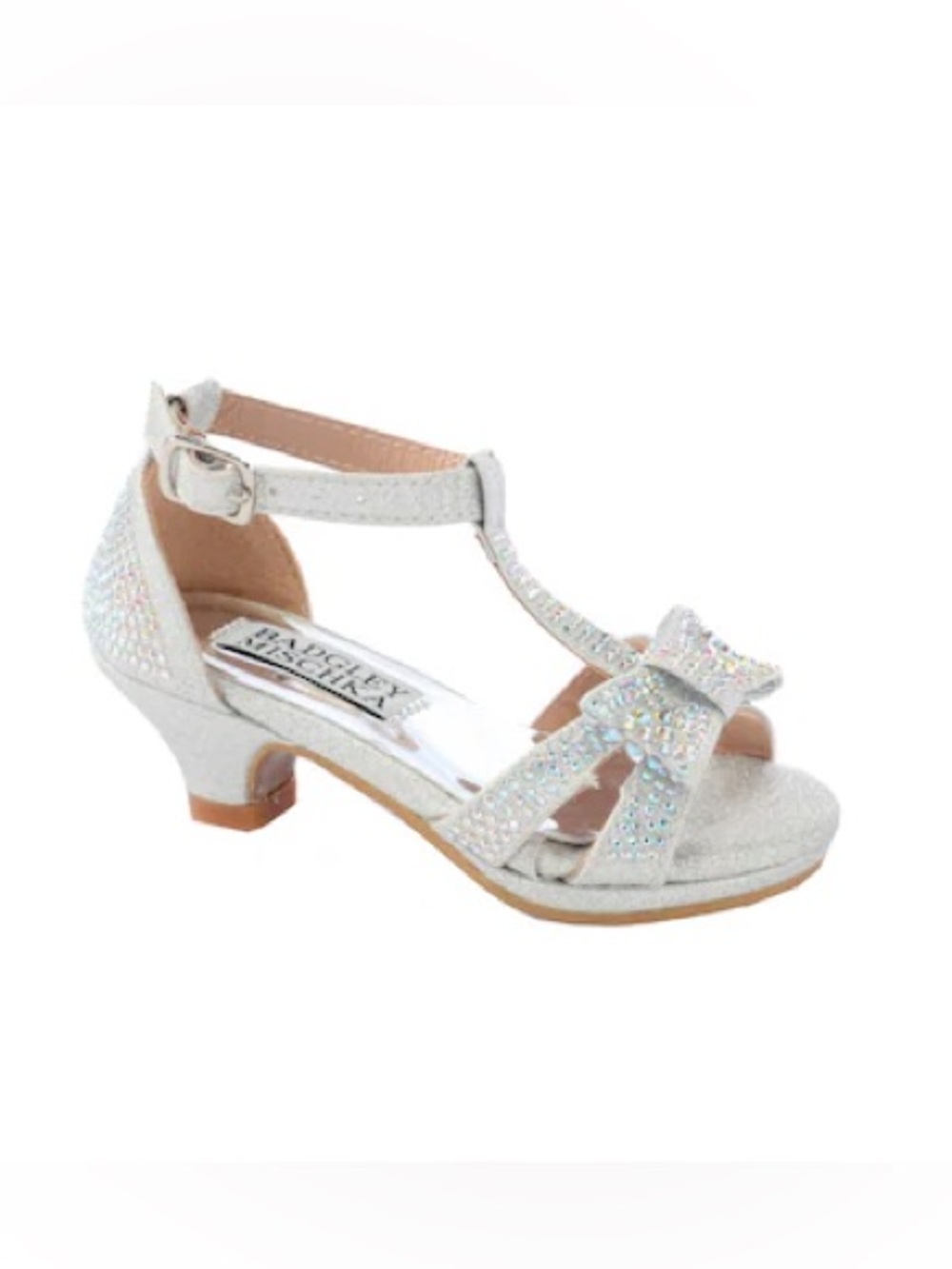 Girls Silver Glitter T-Strap Dress Sandals with Bow